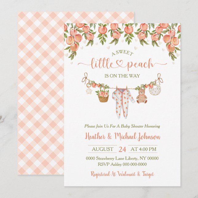 Invitación A Sweet Little Peach Clothesline Baby Shower (Anverso / Reverso)