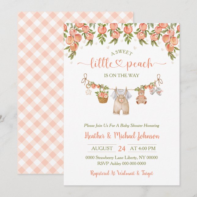 Invitación A Sweet Little Peach Clothesline Boy Baby Shower (Anverso / Reverso)
