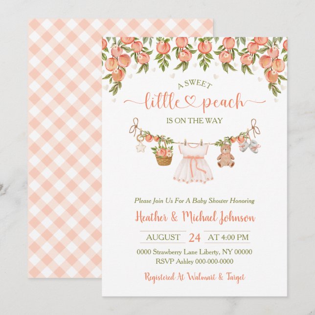 Invitación A Sweet Little Peach Clothesline Girl Baby Shower (Anverso / Reverso)