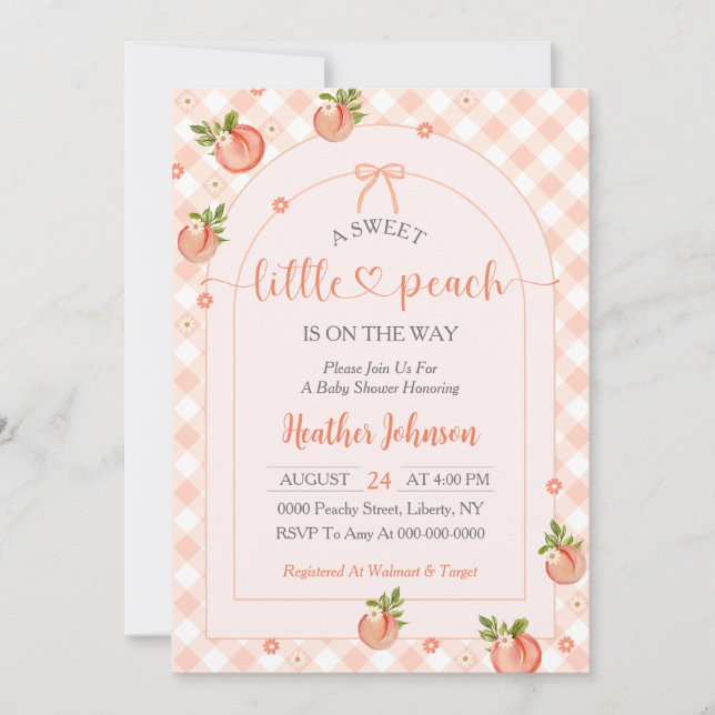 Invitación A Sweet Little Peach Gingham Baby Shower (Anverso)