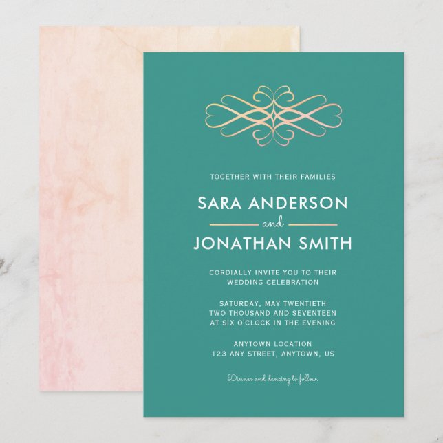 Invitación a Swirl de los Bodas verde azulados y N (Anverso / Reverso)