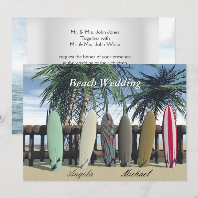 Invitación a tablas de surf de bodas de playa (Anverso / Reverso)