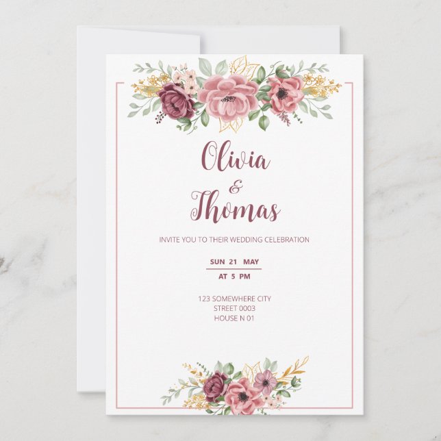 invitación a tarjeta boda moderna con rosas púrpur (Anverso)