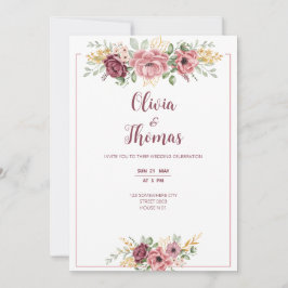 invitación a tarjeta boda moderna con rosas púrpur