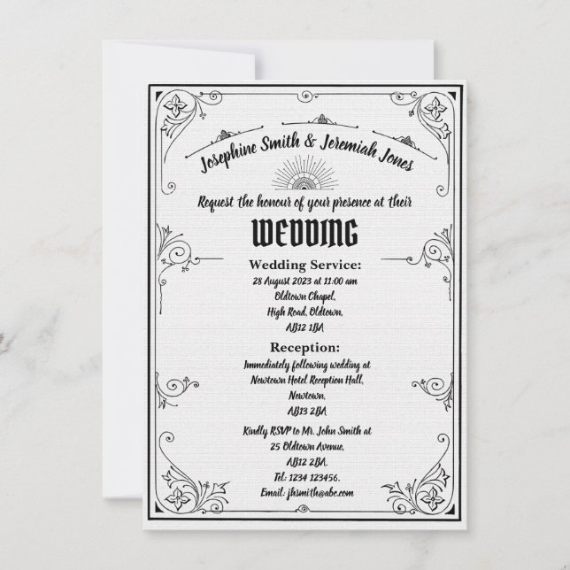 Invitación a tarjeta de Boda e Art Deco con texto (Anverso)