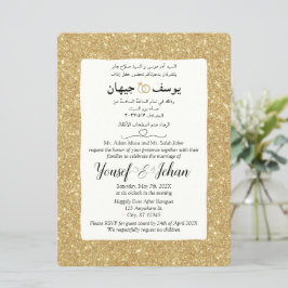 Invitación a tarjeta de Boda Purpurina árabe e ing