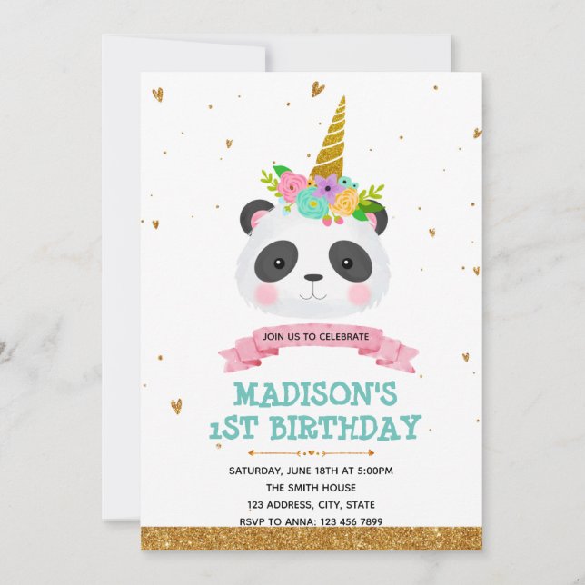 Invitación a tarjeta de cumpleaños de Panda unicor (Anverso)