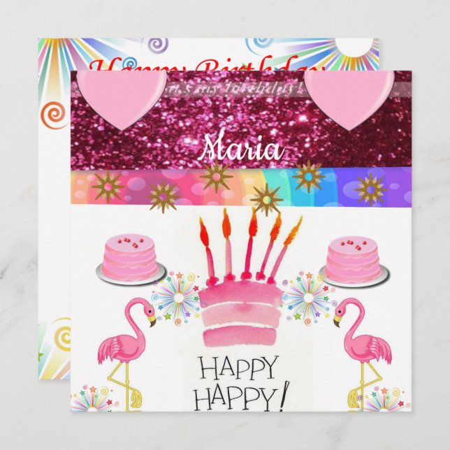 Invitación a tarjeta de cumpleaños feliz Flamingo (Anverso / Reverso)