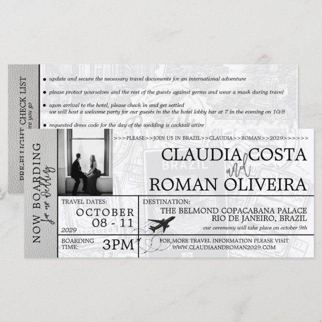 Invitación a tarjeta de embarque para Boda de Bras (Anverso / Reverso)