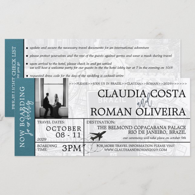 Invitación a tarjeta de embarque para Boda de Bras (Anverso / Reverso)