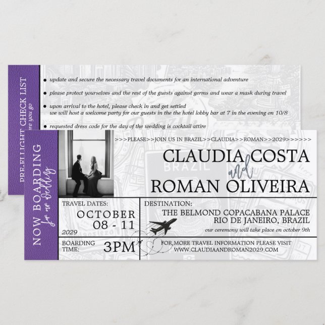 Invitación a tarjeta de embarque para Boda de Bras (Anverso / Reverso)