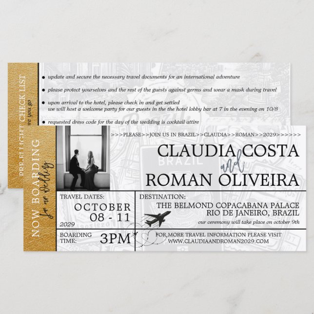 Invitación a tarjeta de embarque para Boda de Bras (Anverso / Reverso)