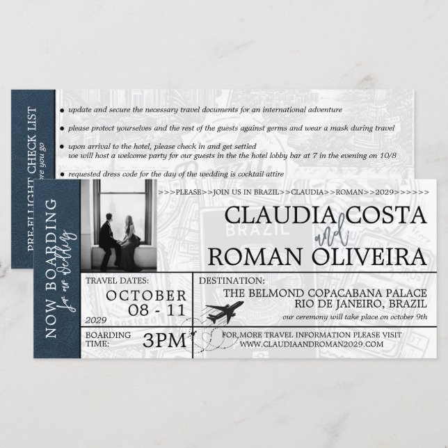 Invitación a tarjeta de embarque para Boda de Navy (Anverso / Reverso)