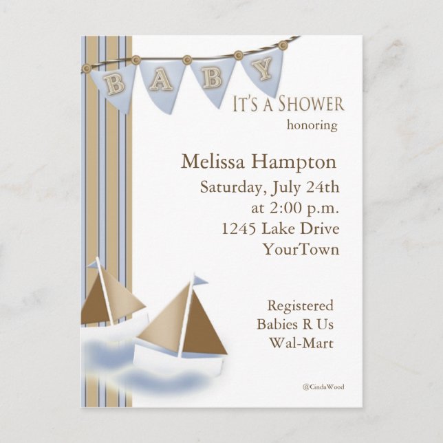 Invitación a tarjeta postal Baby Shower para barco (Anverso)