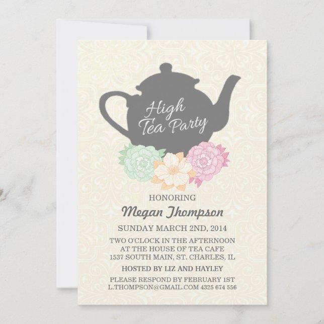 Invitación a té alto de damasco y tetera (Anverso)