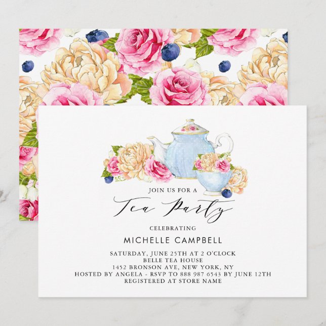Invitación a Té de Flores con Acuarela (Anverso / Reverso)