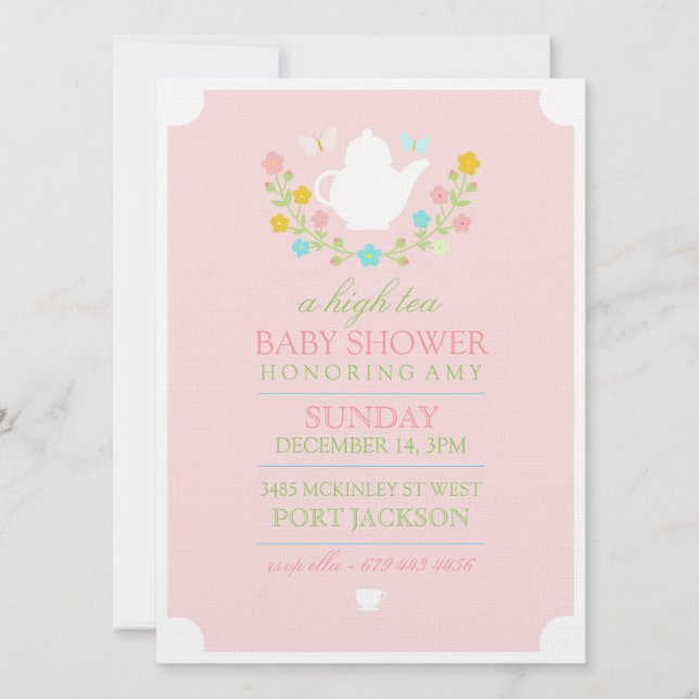 Invitación a té rosa para baby shower (Anverso)