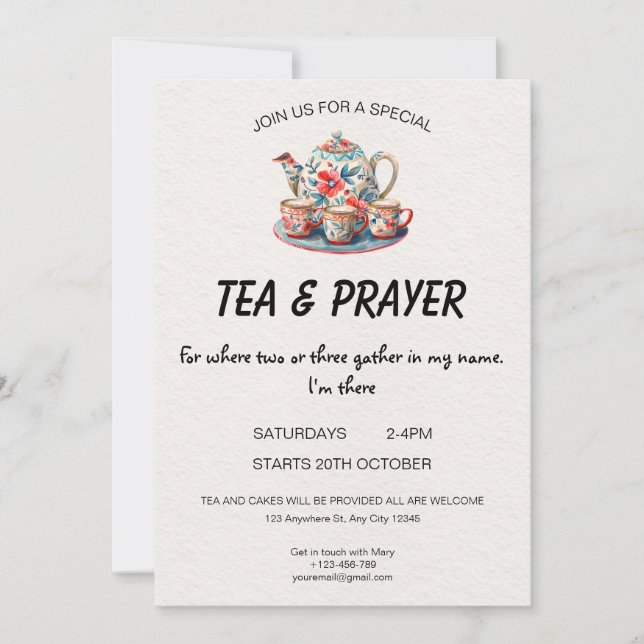 Invitación a té y oración cristianos (Anverso)