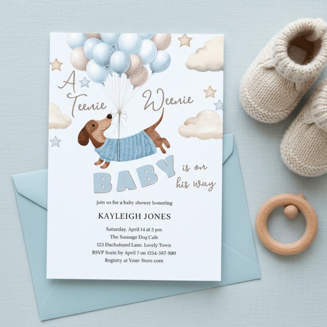 Invitación A Teenie Weenie Cute Dachshund Boy Baby Shower (Teenie Weenie Blue & Beige Baby Shower Invitation with Dachshund Puppy and Balloons )