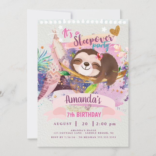 Invitación a Teepee de Perezoso, Fiesta de pijamas (Anverso)