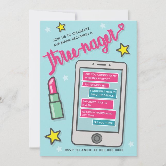Invitación a tercer cumpleaños de Funny Chica Thre (Anverso)
