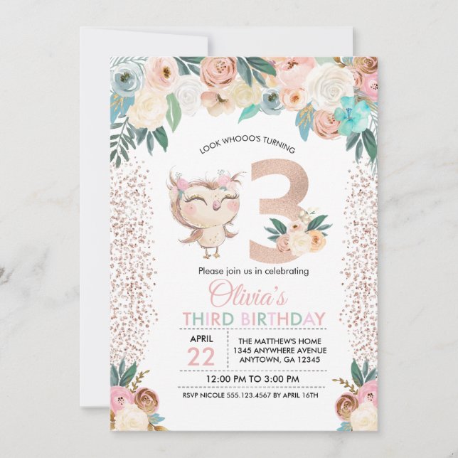 Invitación a tercer cumpleaños de Peachy Owl (Anverso)