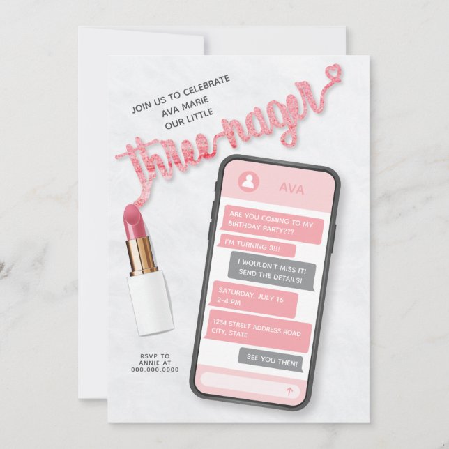 Invitación a tercer cumpleaños de Threenage Chica (Anverso)