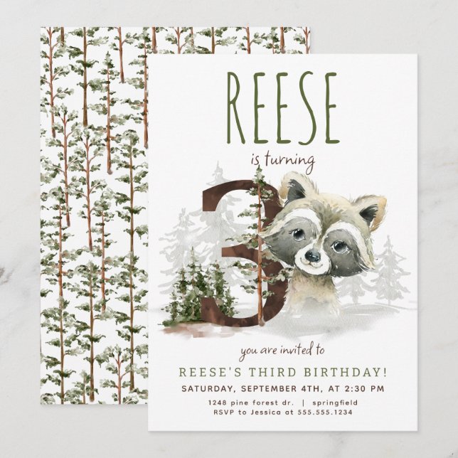 Invitación a tercer cumpleaños de Woodland Raccoon (Anverso / Reverso)