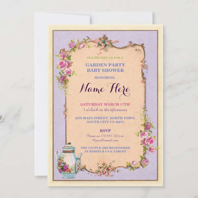 Invitación a tetera del Fiesta del té Baby Shower  (Anverso)