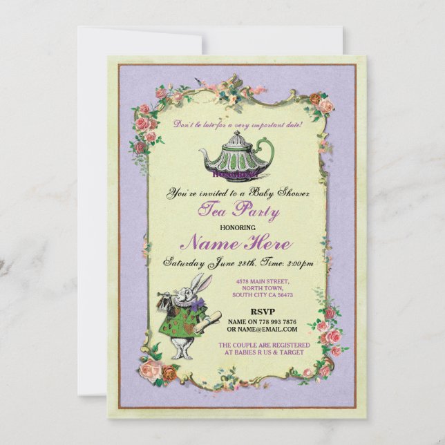 Invitación a tetera morada del Fiesta del té Baby  (Anverso)