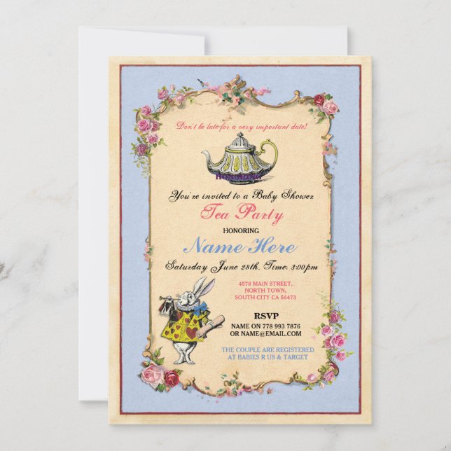 Invitación a tetera rosa azul Baby Shower Fiesta d (Anverso)