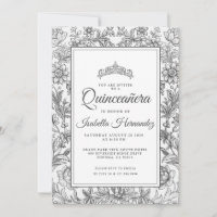 Invitación a tiara de flor blanca y negra Quincean