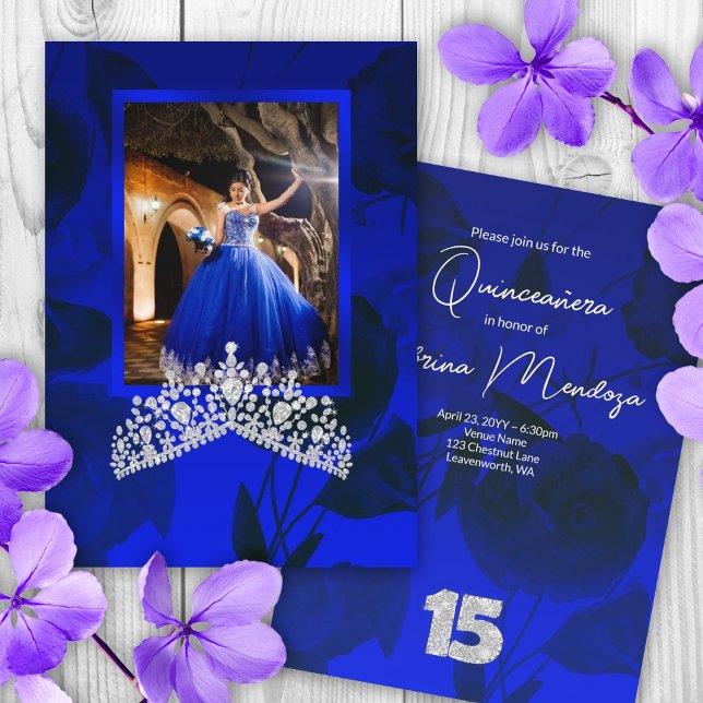 Invitación a tiara de Quinceanera Gemstone azul y  (royal blue quinceanera silver number 15 fifteen 15th diamond tiara elegant blue mis quince anos)