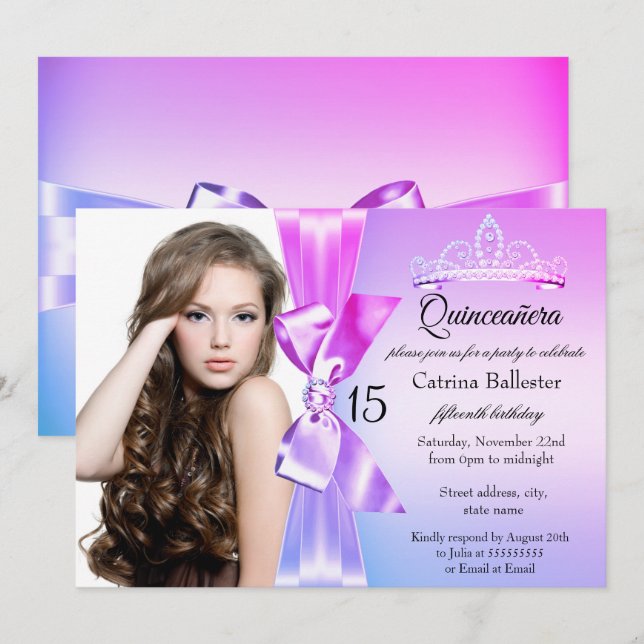 Invitación a tiara Quinceanera de diamantes rosado (Anverso / Reverso)