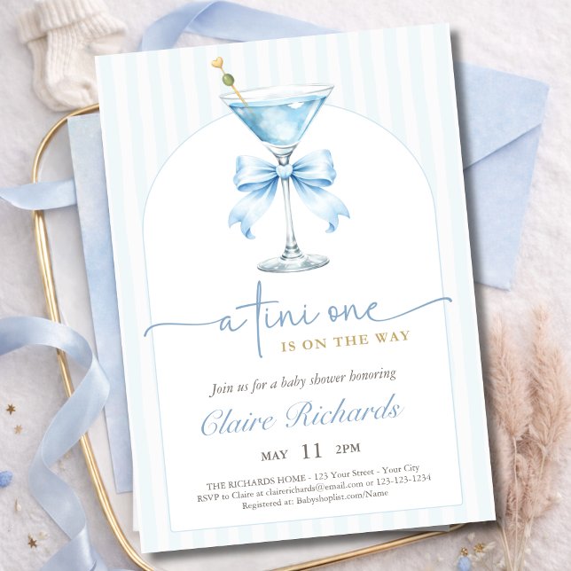 Invitación A Tini One Blue Bow Stripes Boy Baby Shower Arched (Subido por el creador)
