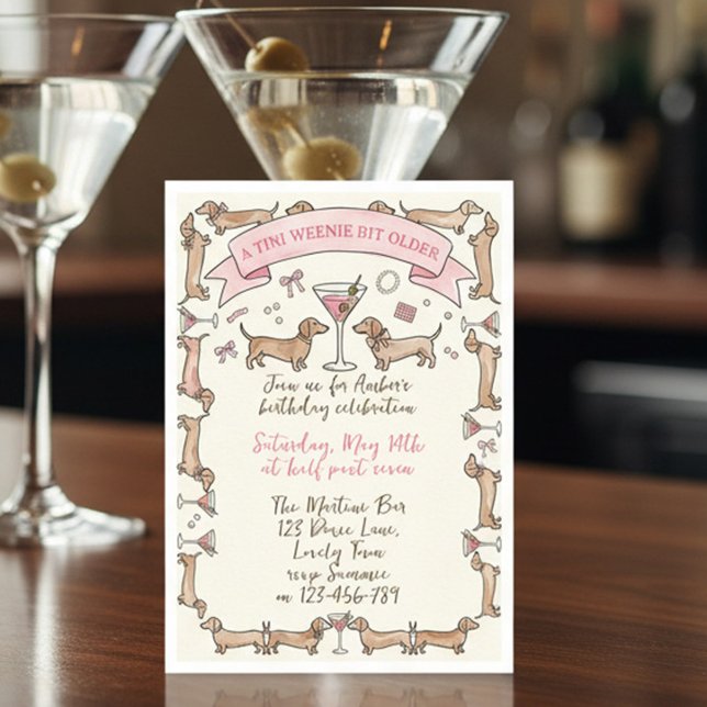 Invitación A Tini Weenie Bit Older Dachshund Martini Birthday (Tini Weenie Bit Older birthday invite with dachshund weiner dogs and martini glasses)