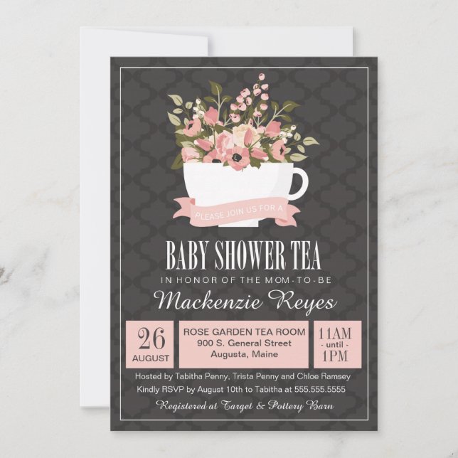 Invitación a tomar té en Baby Shower Floral Teacup (Anverso)