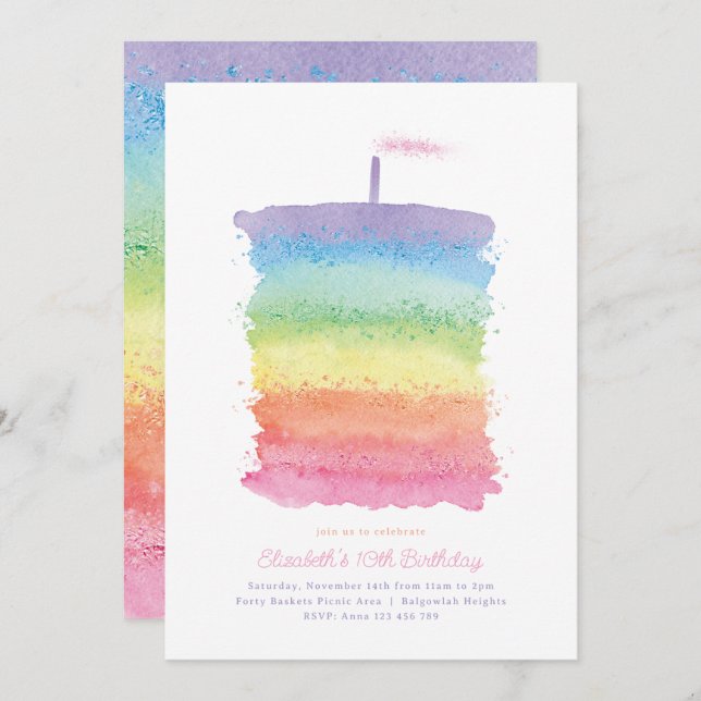 Invitación a torta de cumpleaños arcoiris, primer  (Anverso / Reverso)