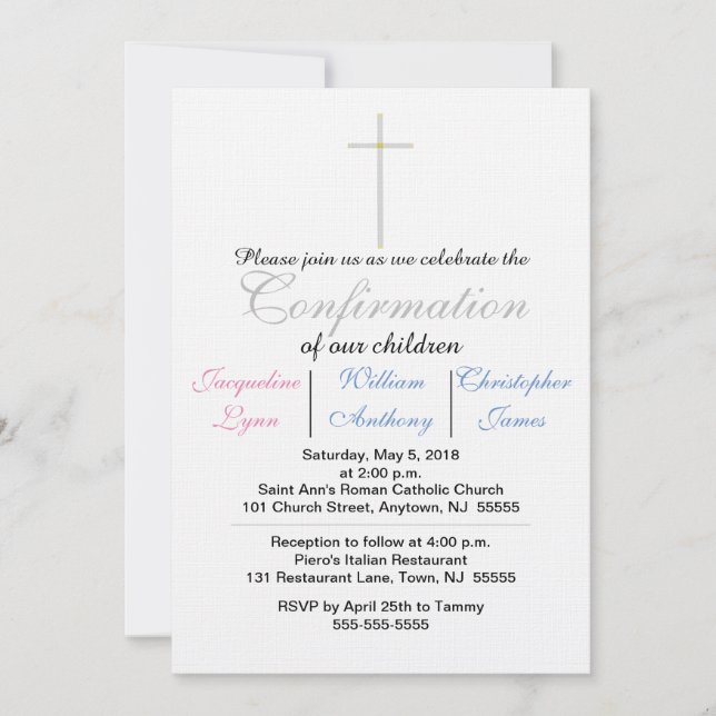 Invitación a trillizos rosa azul de confirmación (Anverso)