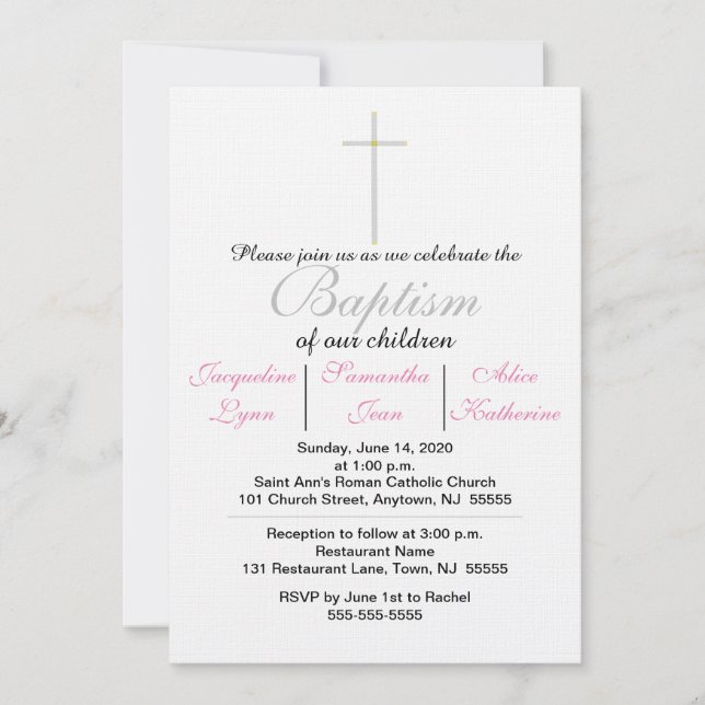 Invitación a trillizos rosados de bautismo (Anverso)