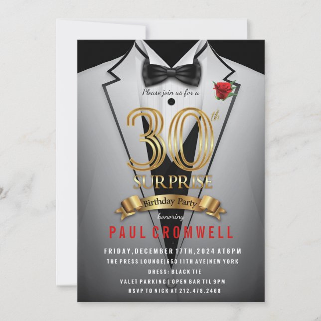 Invitación a Tuxedo de cumpleaños número 30 de Sur (Anverso)