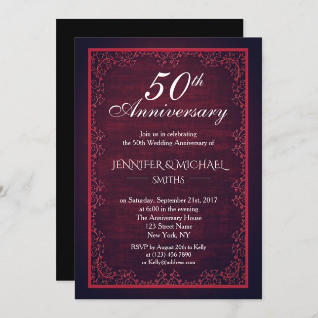 Invitación a un aniversario de Boda Borgoña (Anverso / Reverso)