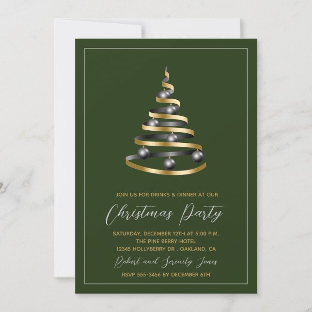 Invitación a un árbol de oro verde Fiesta navidade (Anverso)