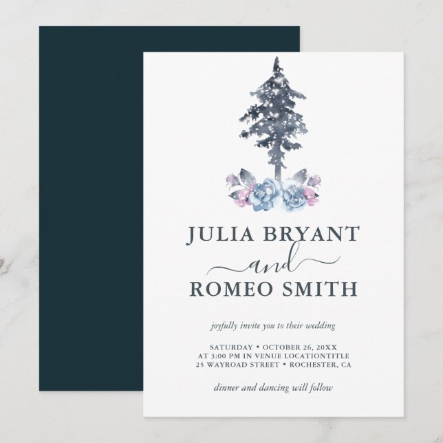 Invitación a un árbol de pino de bodas de invierno (Anverso / Reverso)