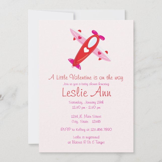 Invitación a un avión de San Valentín a Baby Showe (Anverso)