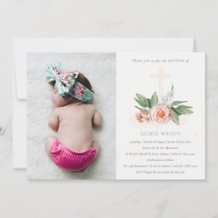 Invitación a un bautismo de foto cruzada floral co