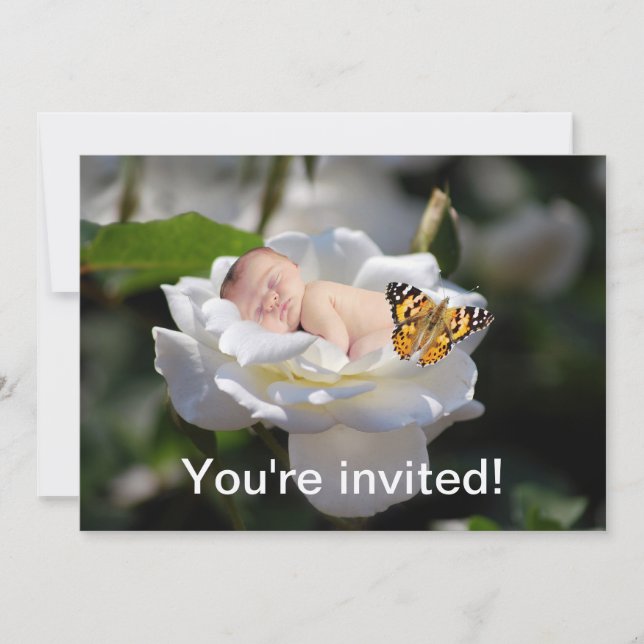 Invitación a un bebé y a una rosa blanca (Anverso)