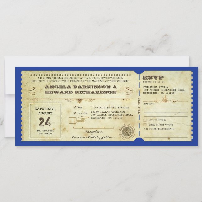 Invitación a un billete boda con diseño rsvp (Anverso)