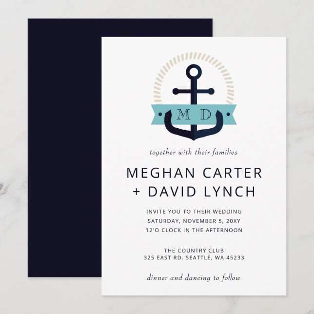 Invitación a un Boda de monograma náutico de vangu (Anverso / Reverso)