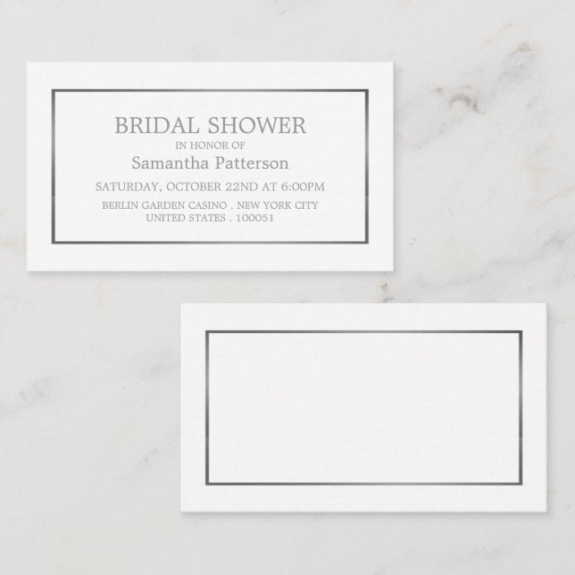 Invitación a un boleto de ducha de novia blanco y  (Anverso / Reverso)